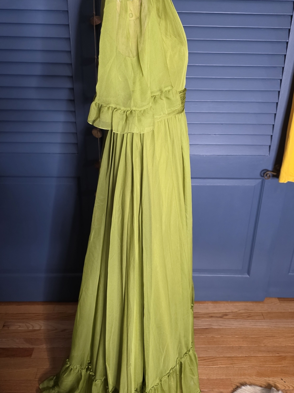 NWT Mac Duggal Chiffon Ruched Illusion Ruffle Gown Olive Chartreuse 8 - Picture 7 of 12